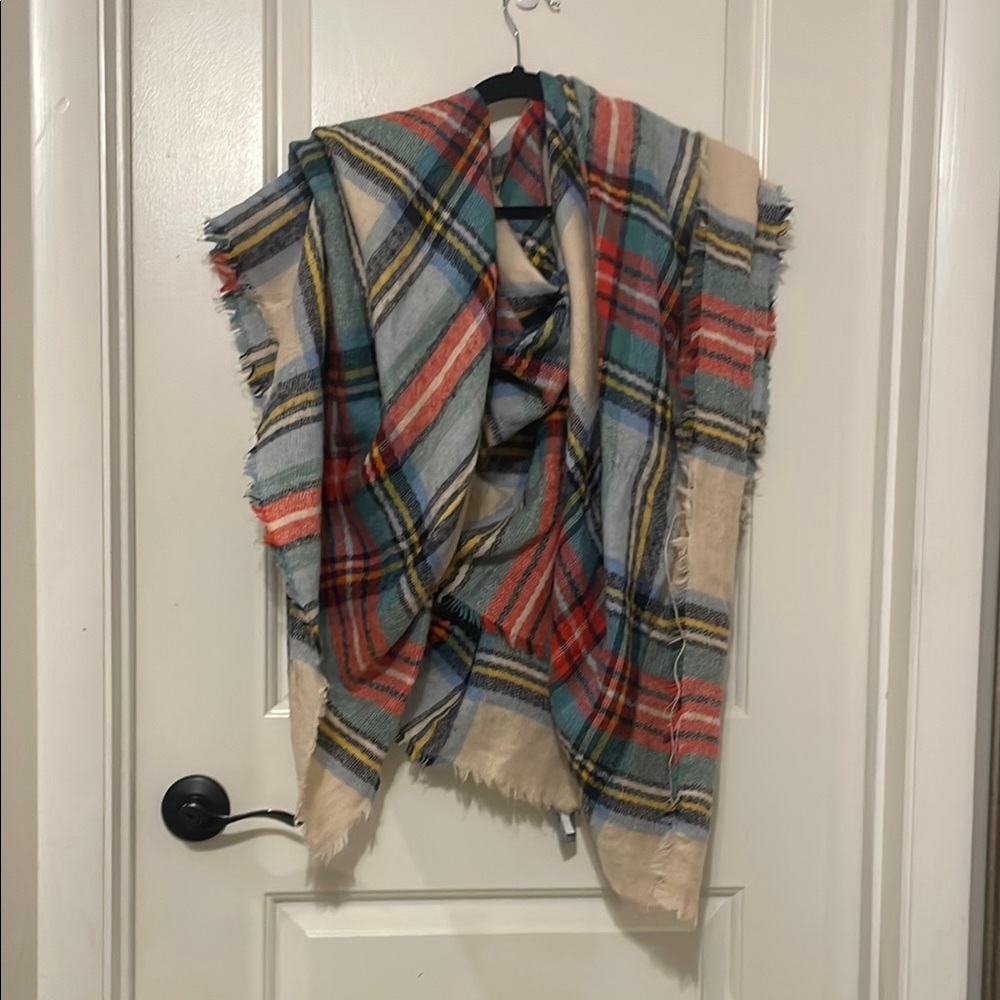 Red and Blue Plaid Scarf with Fringed Edges